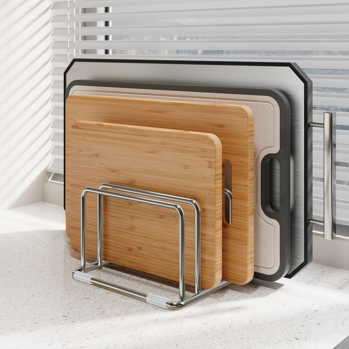 Coneyaro 4-slot cutting board organizer keeps countertops tidy and accessible.