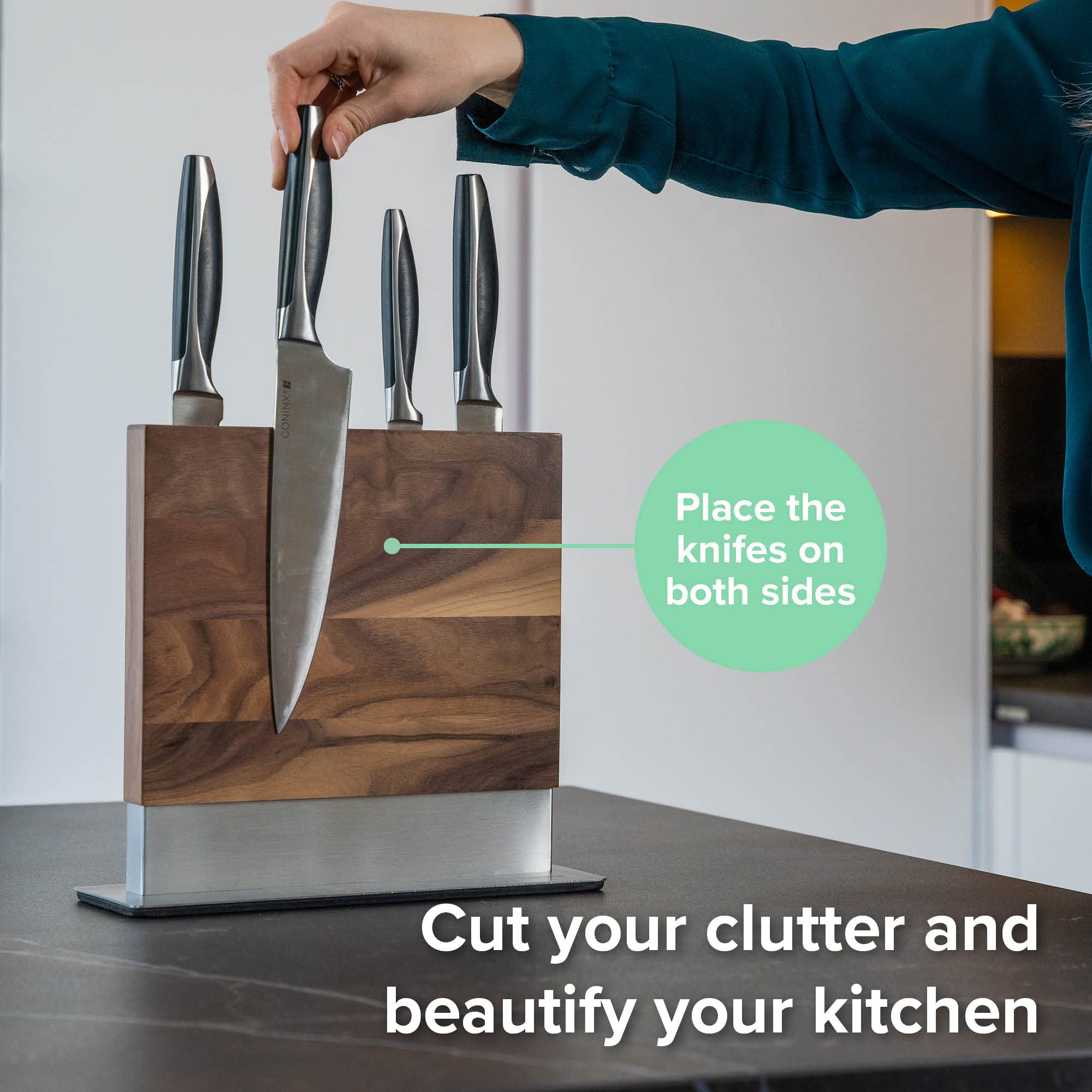 Coninx easy-clean walnut knife block maintaining beauty with simple care.