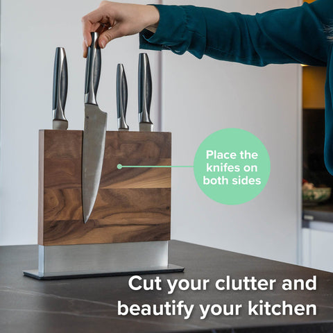 Coninx easy-clean walnut knife block maintaining beauty with simple care.