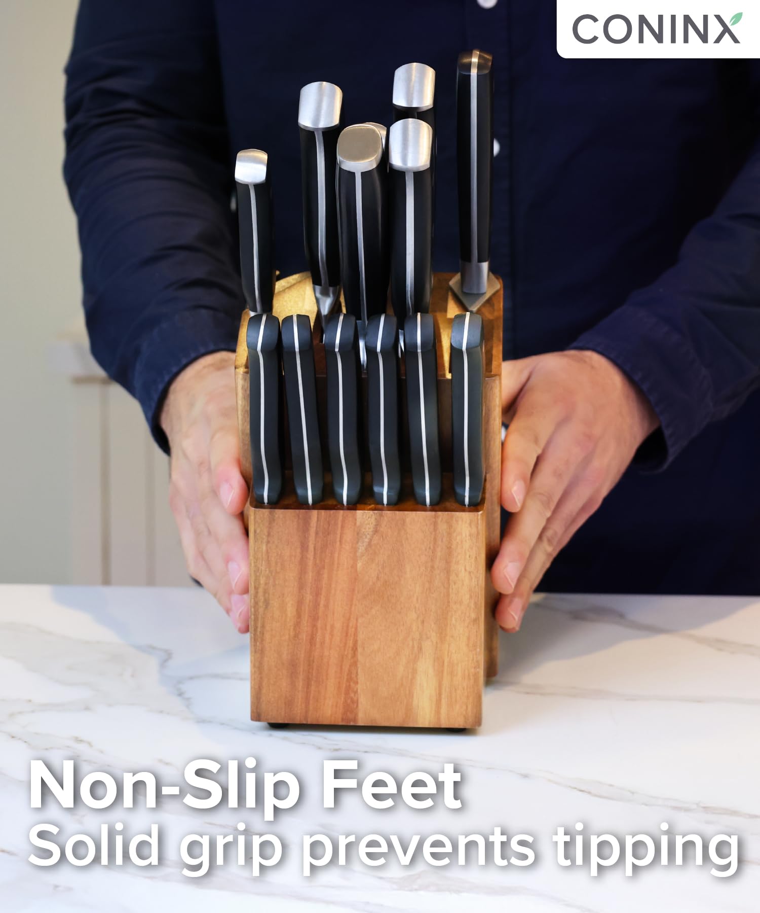 Coninx knife block fits chef, bread, steak knives and scissors securely.
