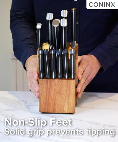 Coninx knife block fits chef, bread, steak knives and scissors securely.