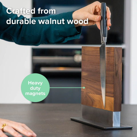 Coninx walnut wood knife block adding warm, natural style to kitchens.