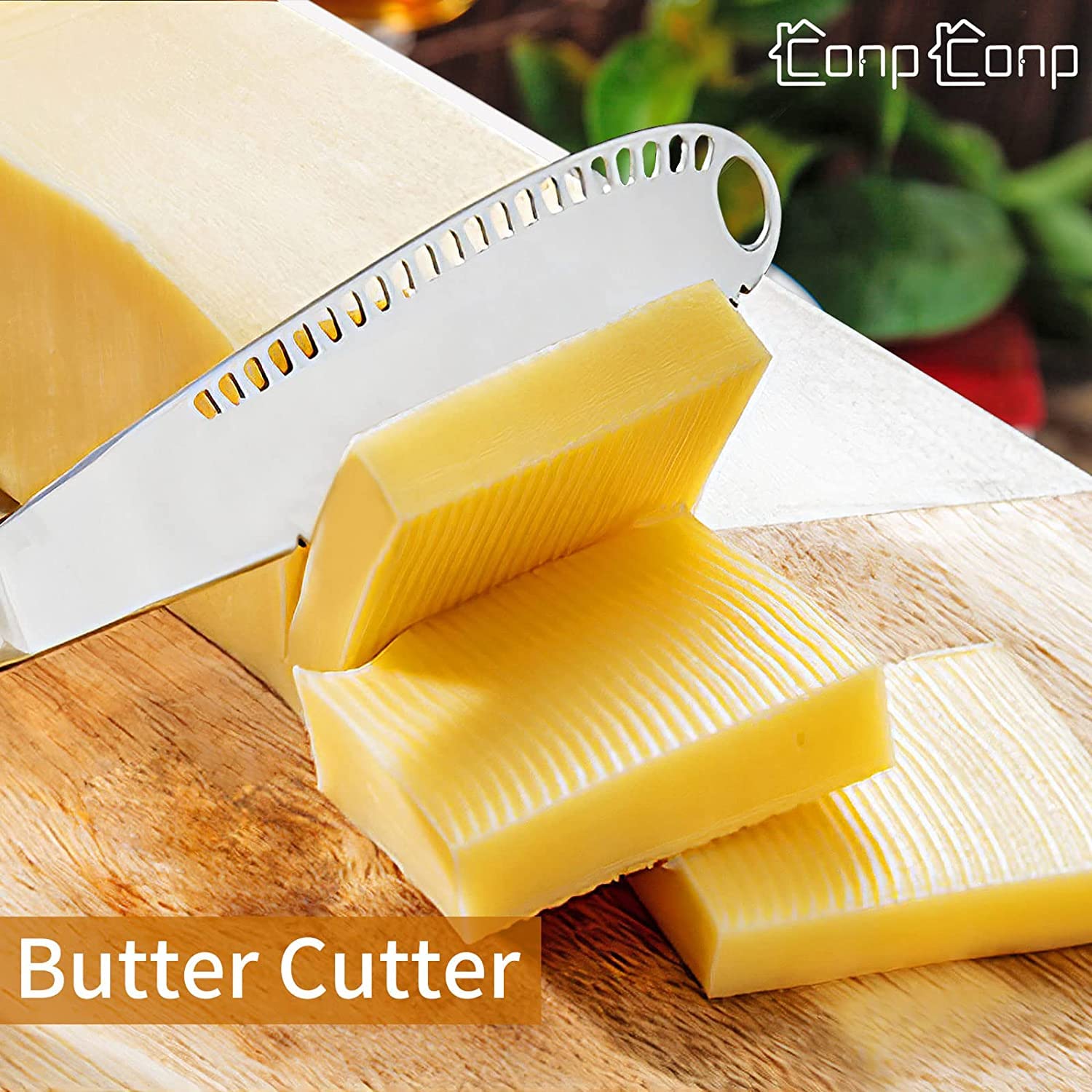 CONPCONP 3-in-1 spreader knife showcases slicing and curling butter.
