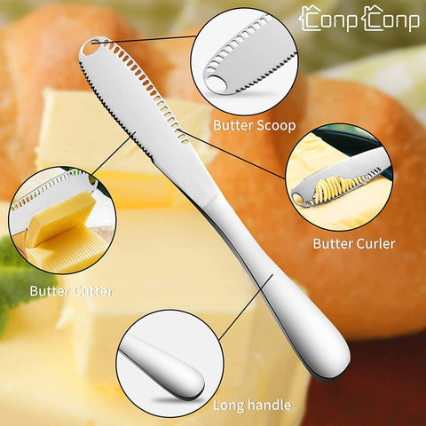CONPCONP multi-use kitchen tool covering spreading, slicing, and curling tasks.