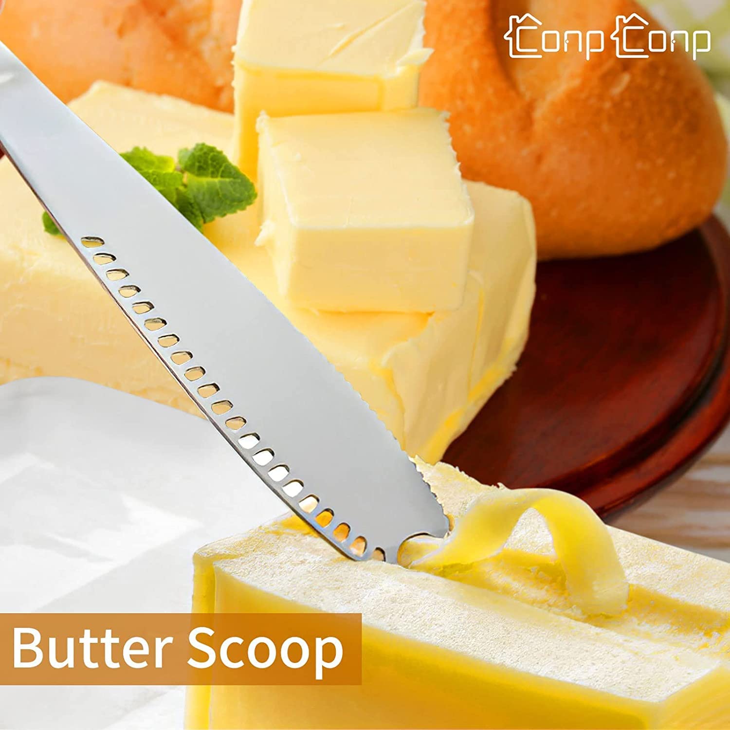 CONPCONP spreader with serrated edge for clean cheese cuts.
