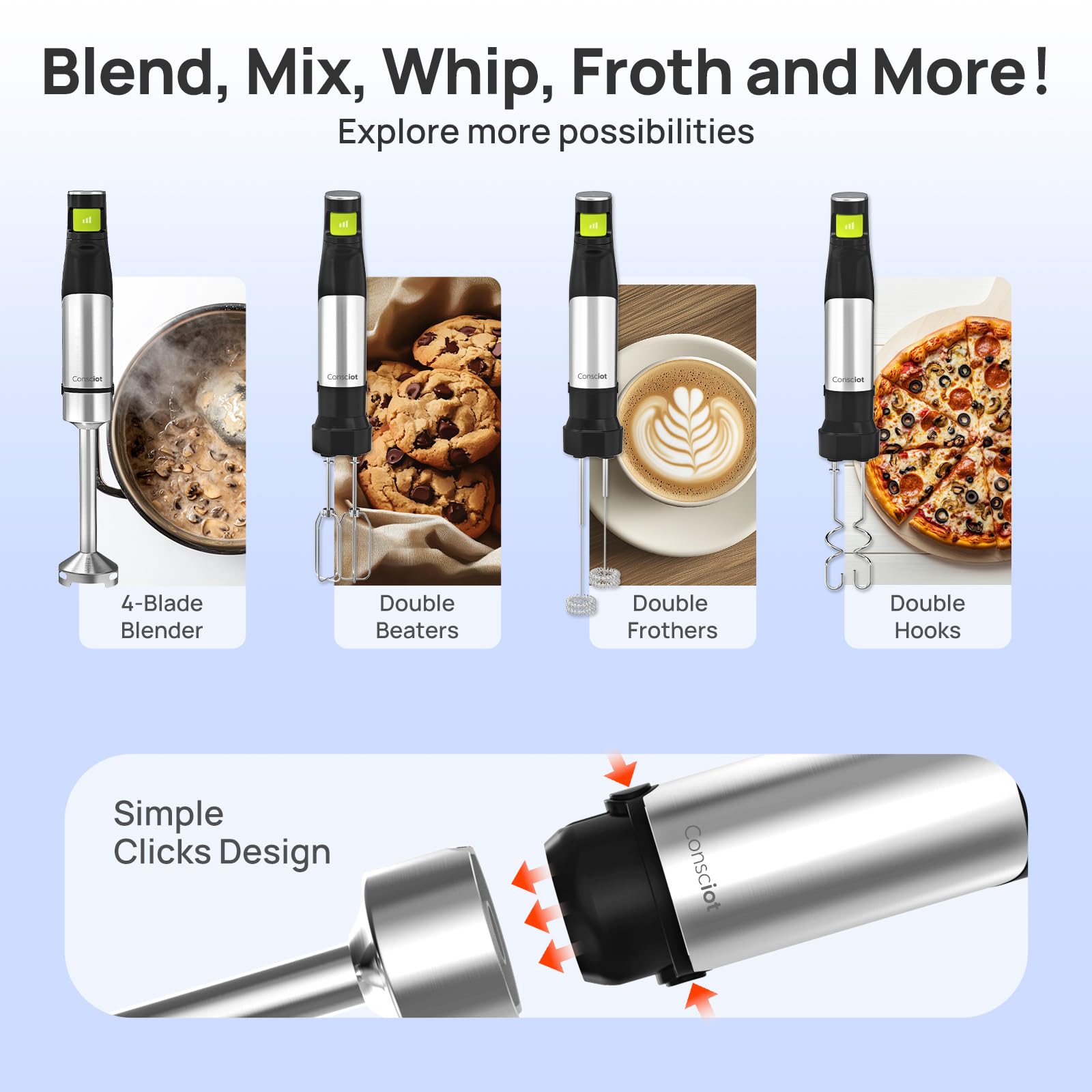 Consciot dual frother attachments for quick milk frothing
