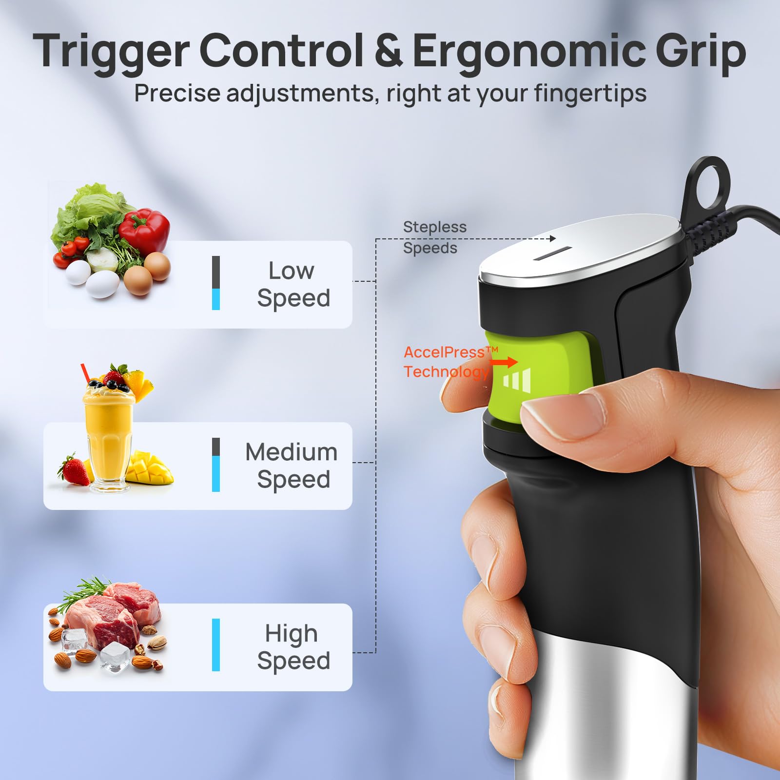 Consciot immersion blender with trigger speed control for precise operation