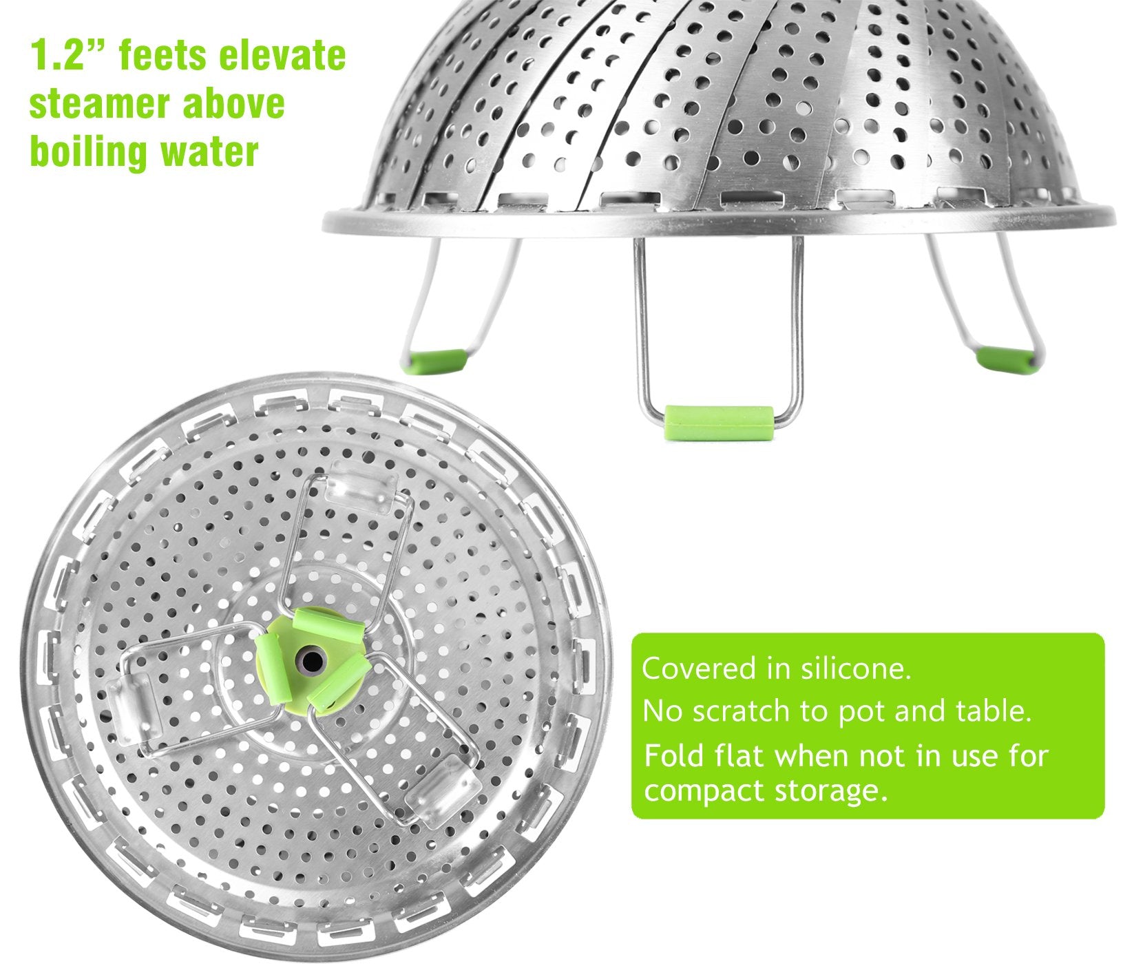 Consevisen steamer basket foldable legs elevate and stabilize steaming.