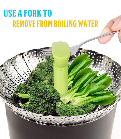 Consevisen steamer basket preserves flavor when steaming vegetables and seafood.