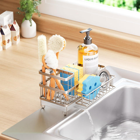 Consumest kitchen-sink-organizer consolidates tools for efficient daily cleaning.