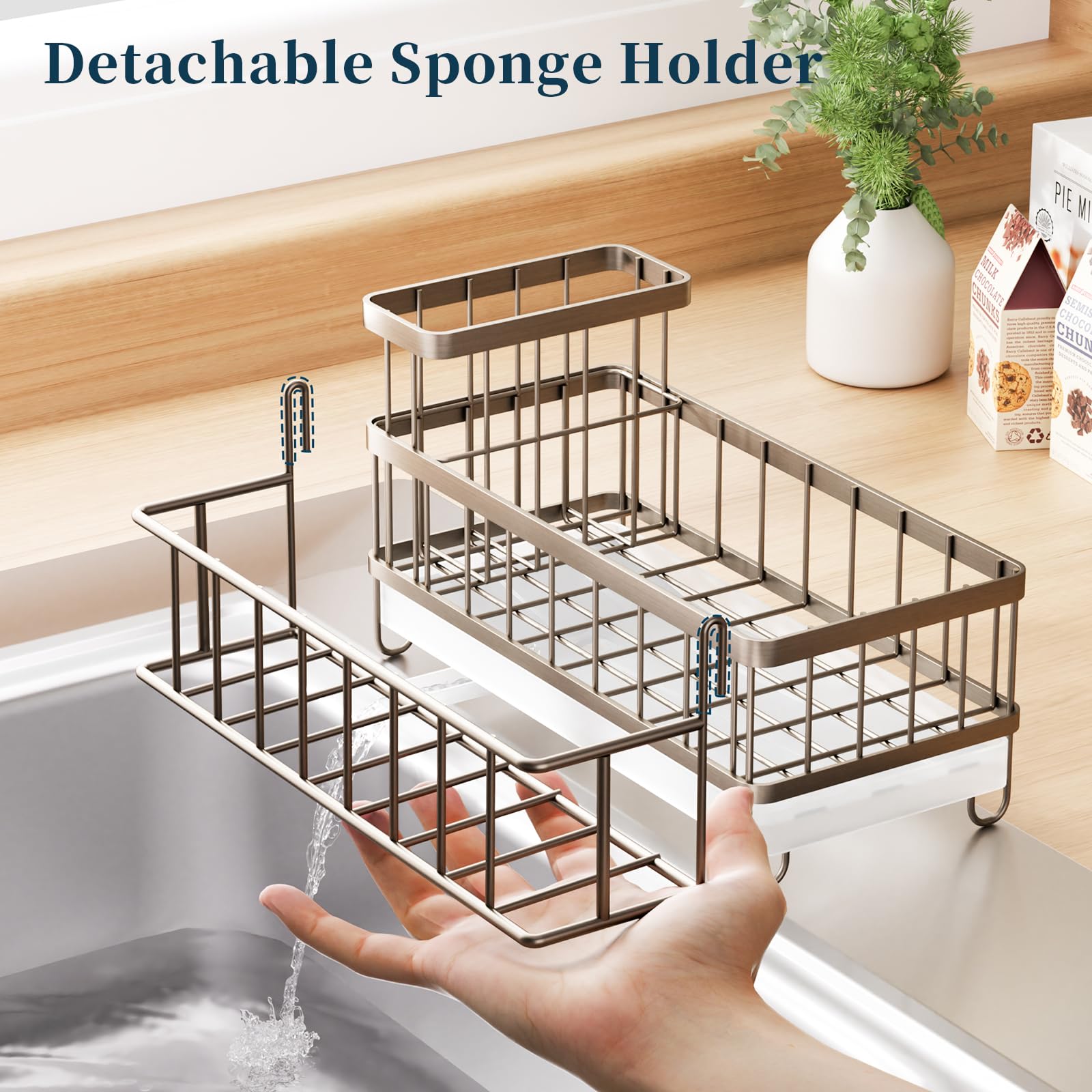 Consumest sink-caddy-easy-installation installs without tools beside the faucet.