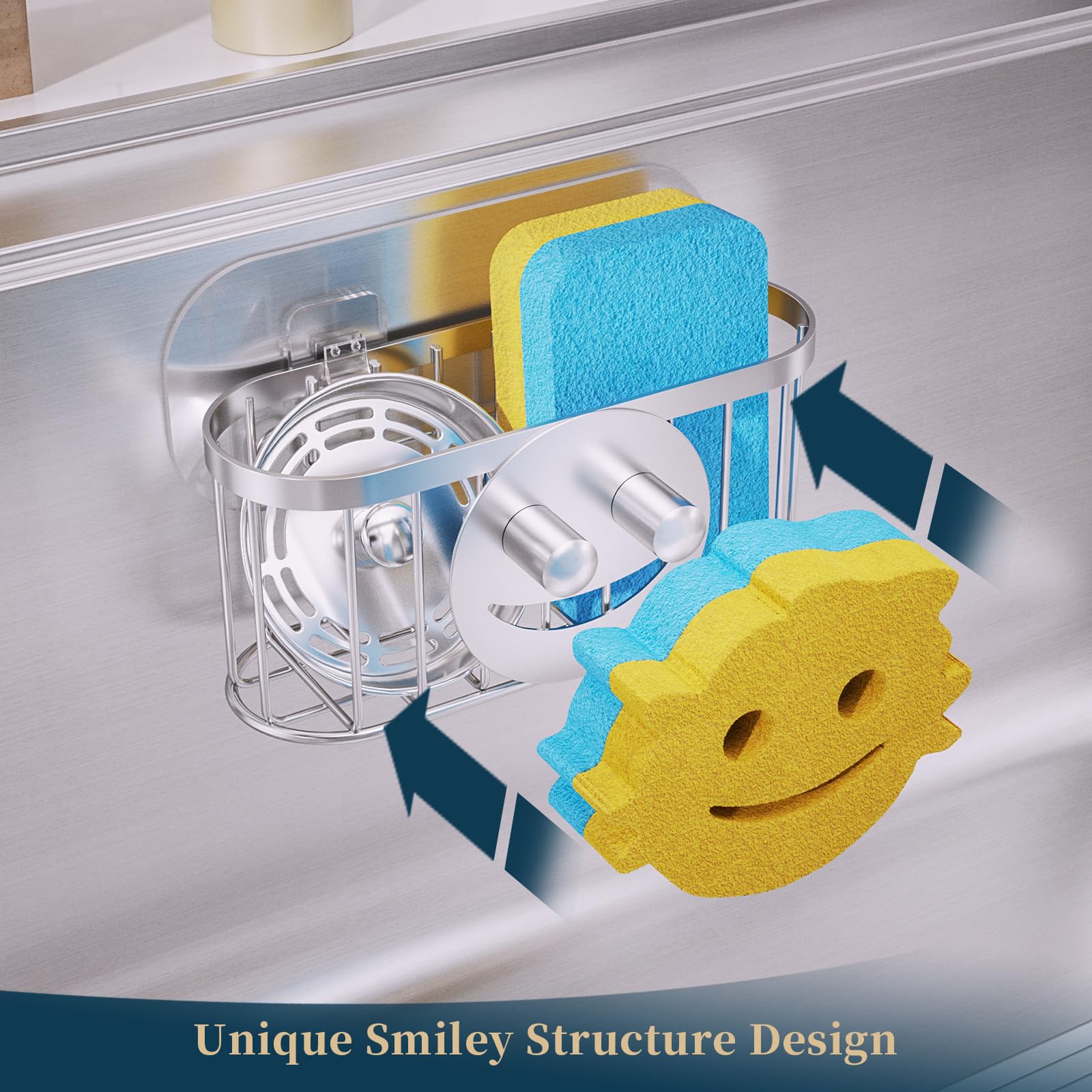 Consumest Sponge Holder with adhesive strips mounted on sink showcases versatile, tool-free installation.