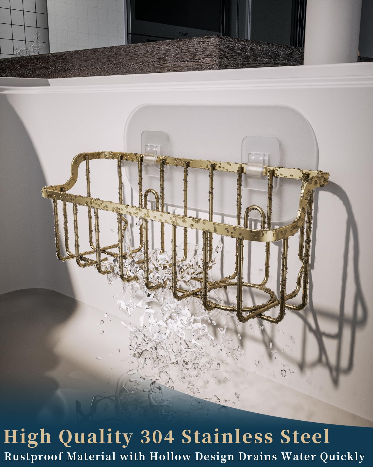 Consumest sponge holder using adhesive hook for secure, drain-free mounting