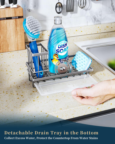 Consumest sponge holder near faucet edge provides easy access to brushes.
