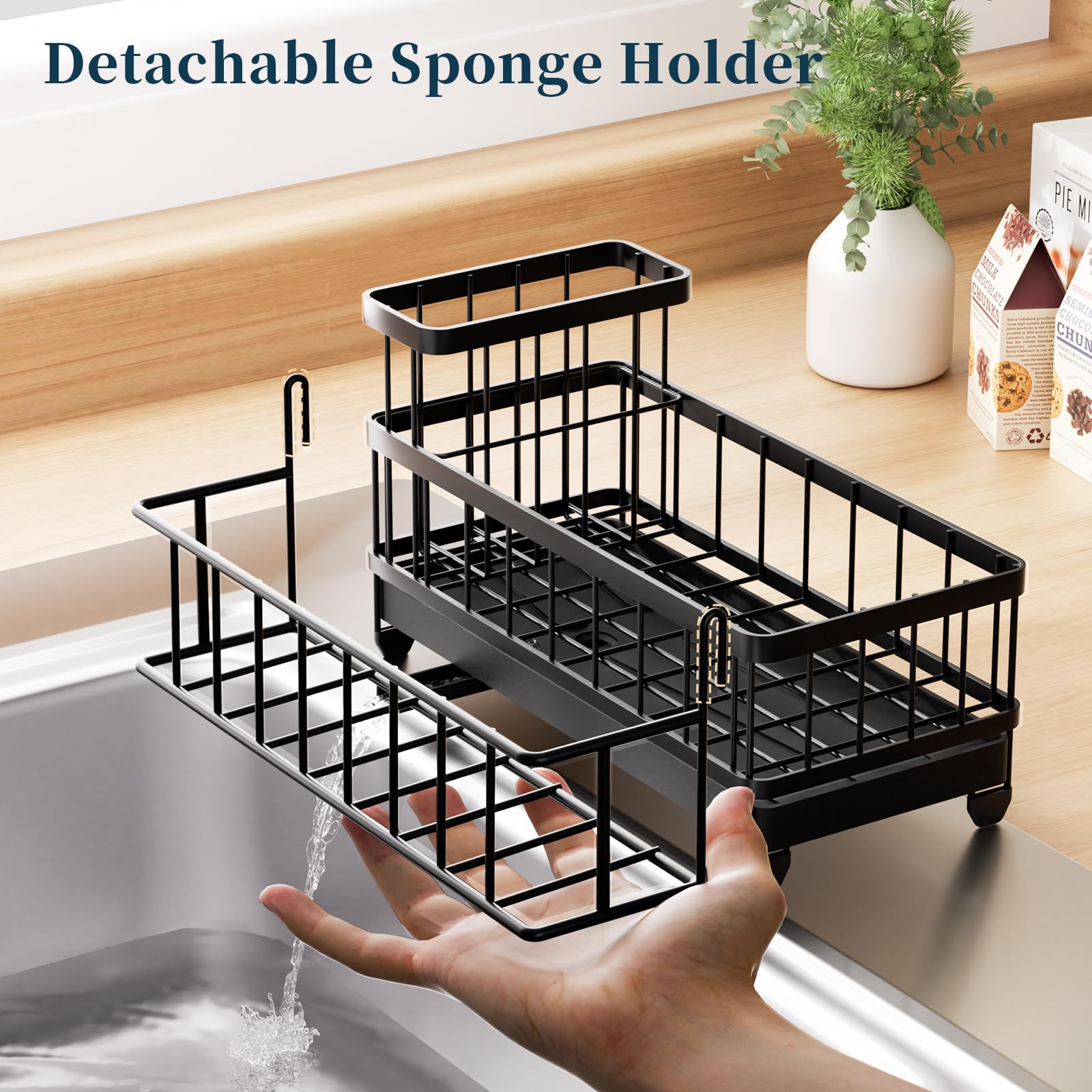Consumest sponge holder featuring extended brush rack for long brushes.