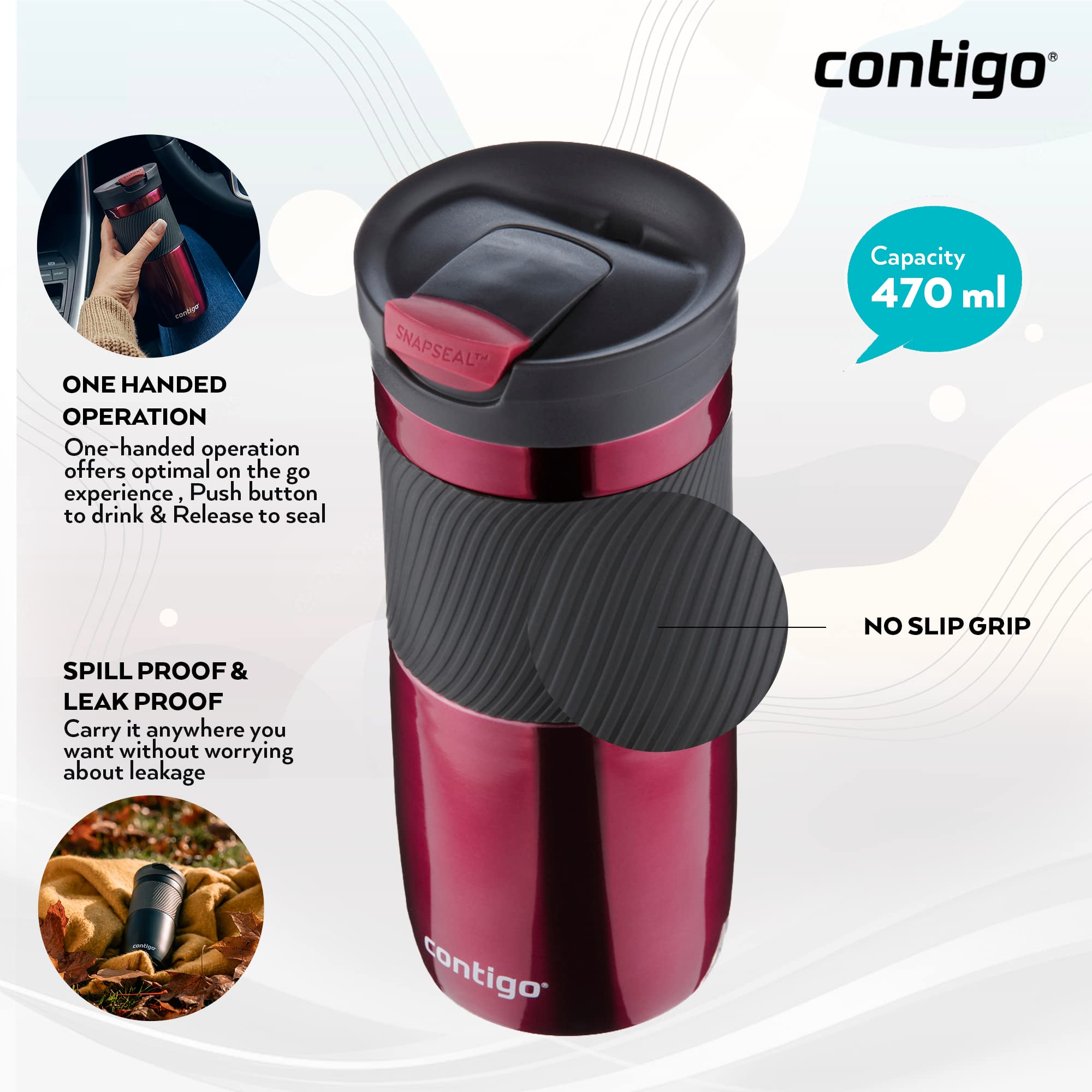 Contigo Byron Snapseal mug showing leak-proof seal for travel