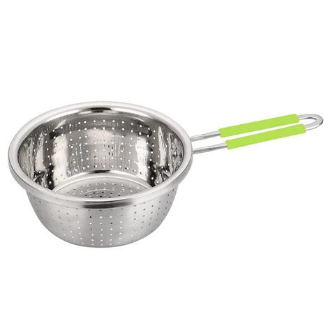 Contiup stainless steel colander with green handle front view for quick, secure draining.