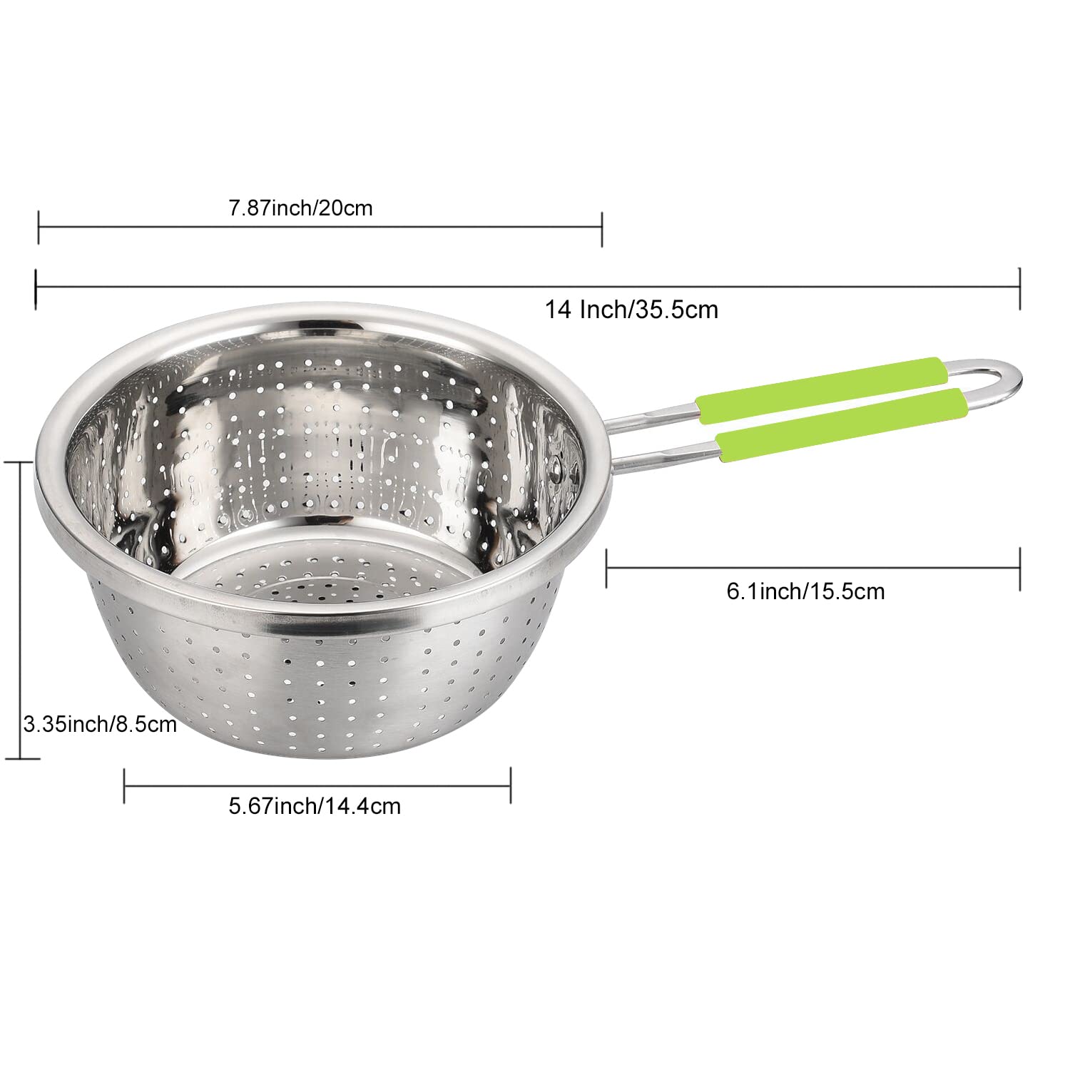 Contiup colander side view showing long green handle for safe lifting.
