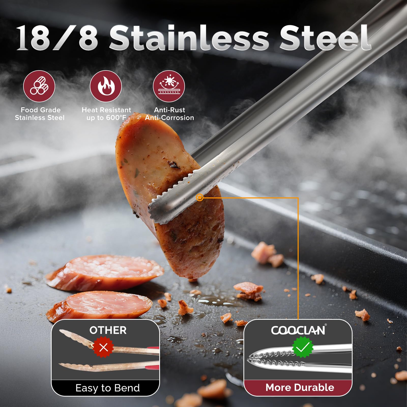 COOCLAN 18-8 stainless steel tong offers durable, food-grade reliability