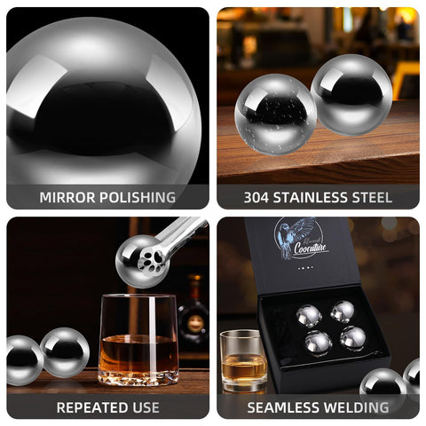 Coocuture whiskey balls close-up in stainless steel for safe chilling
