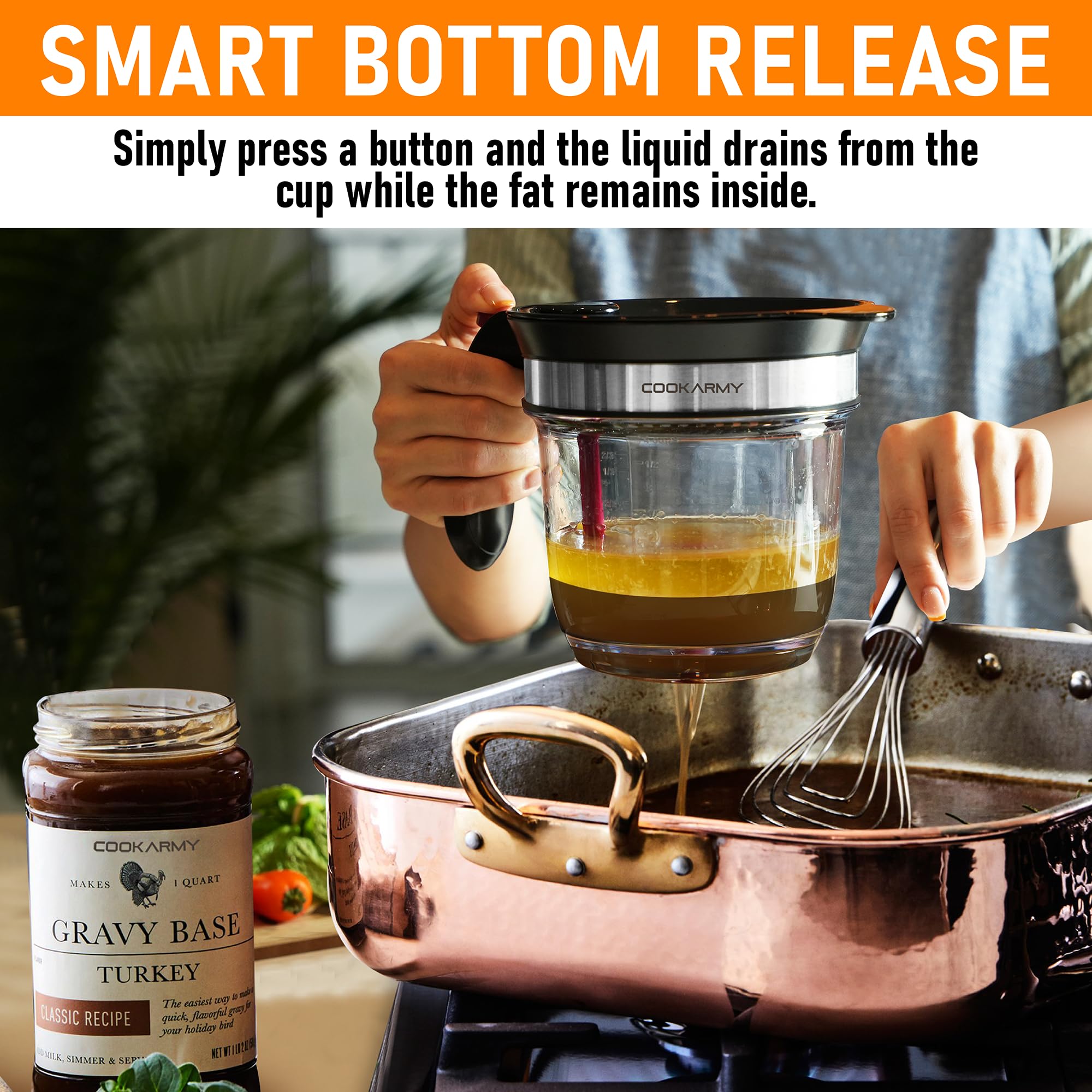 Cook Army gravy separator demonstrates lever action for easy fat separation