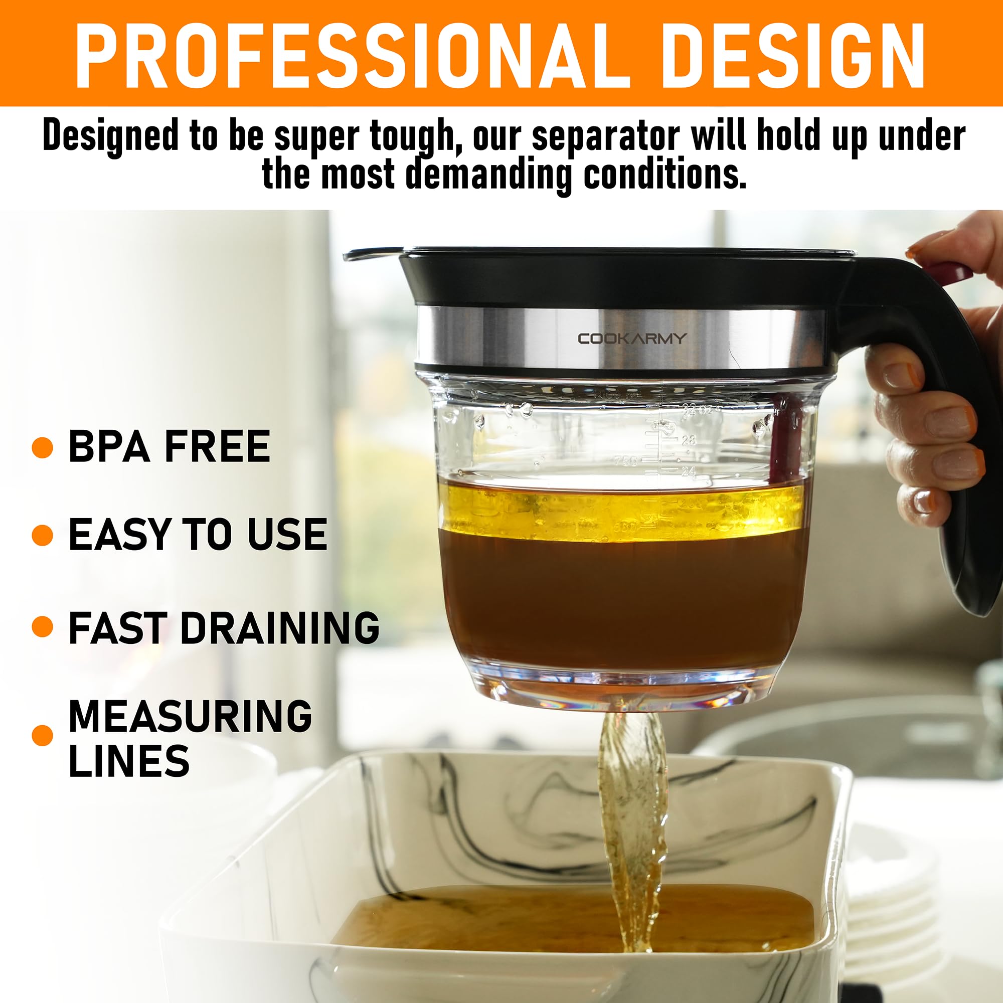 Cook Army oil separator is dishwasher-safe for quick cleanup after meals