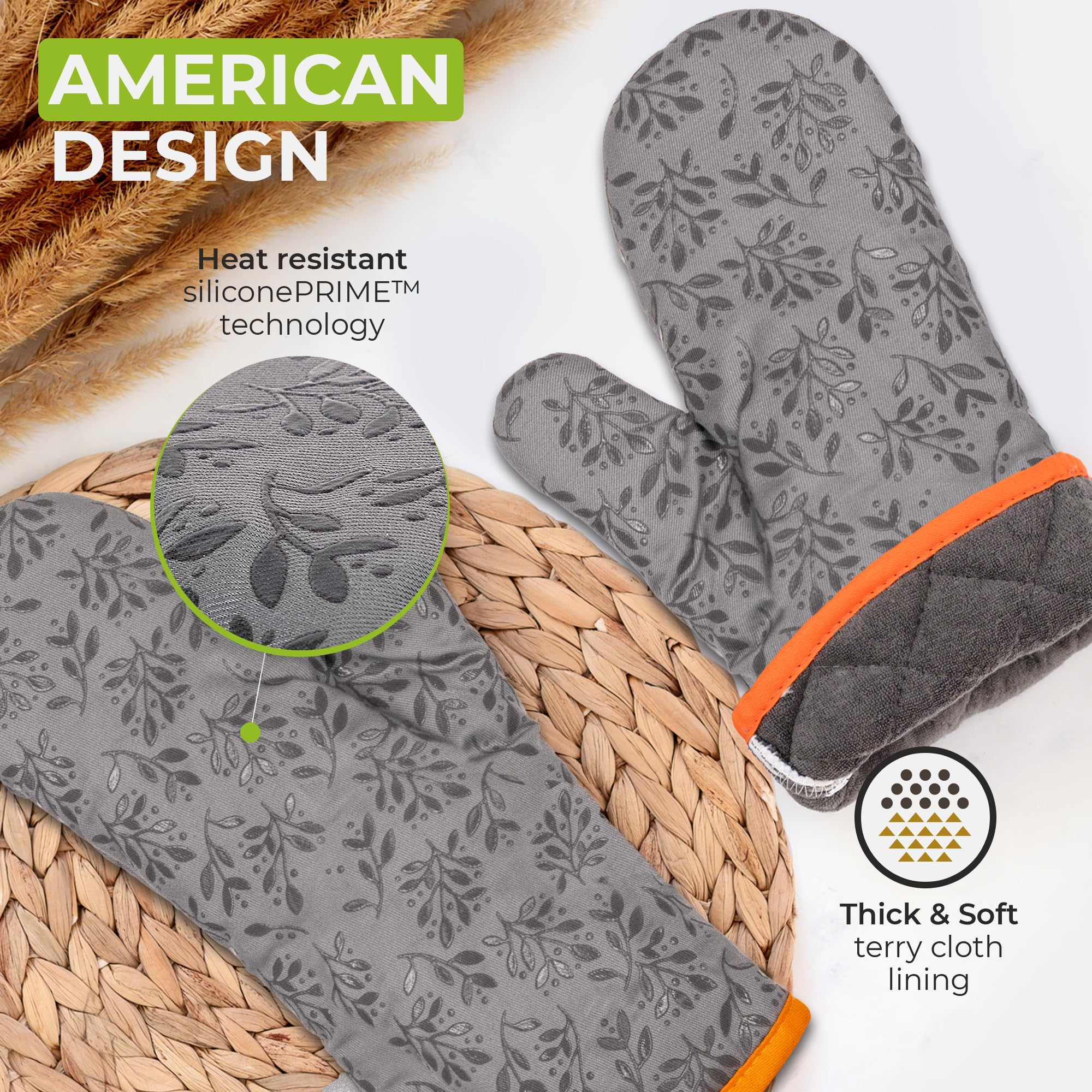 Long 13-inch oven mitts by COOK 'N' CHIC for added forearm protection.