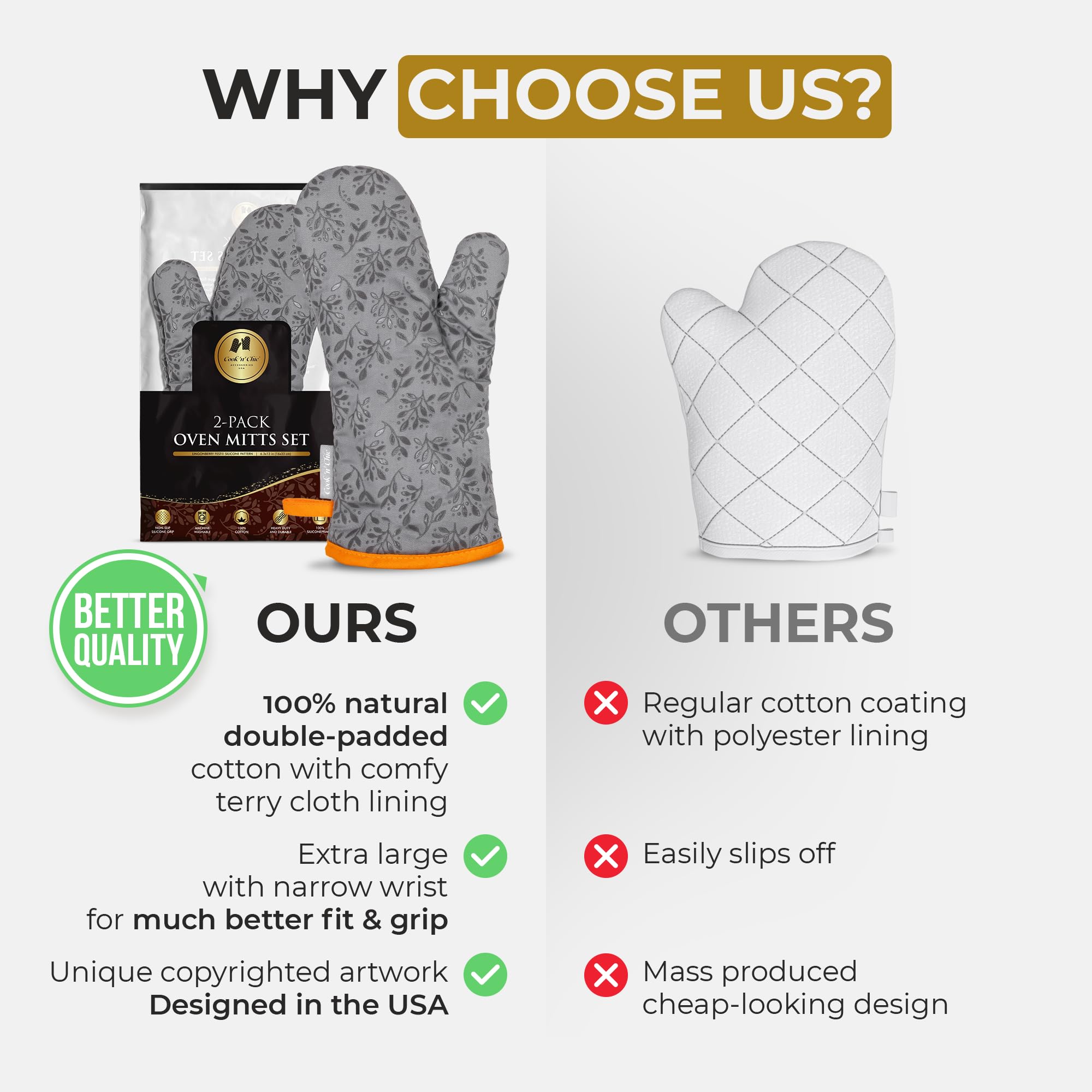 Machine-washable design of COOK 'N' CHIC oven mitts for quick cleanup.