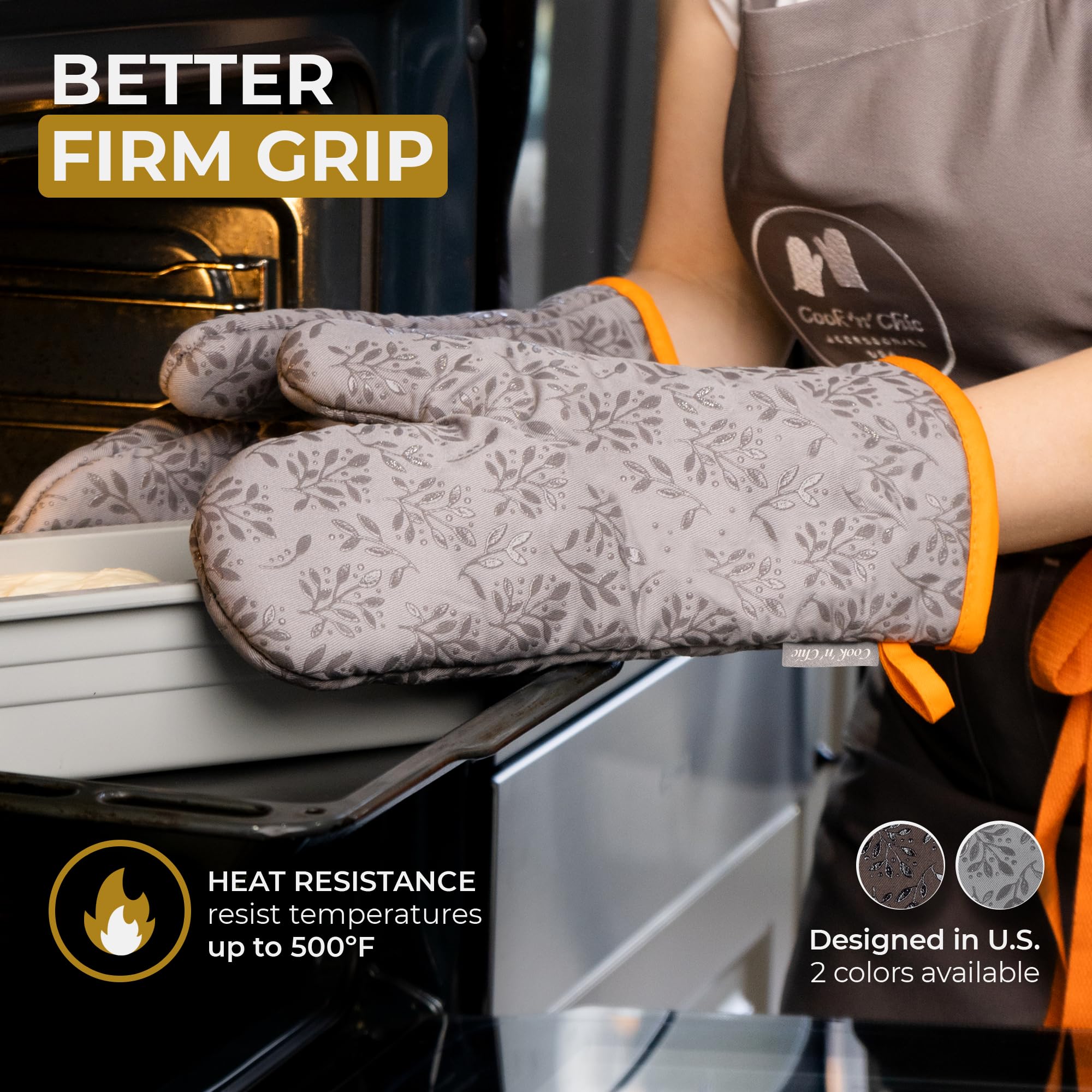 COOK 'N' CHIC mitts with non-slip silicone exterior for secure grip on hot cookware.