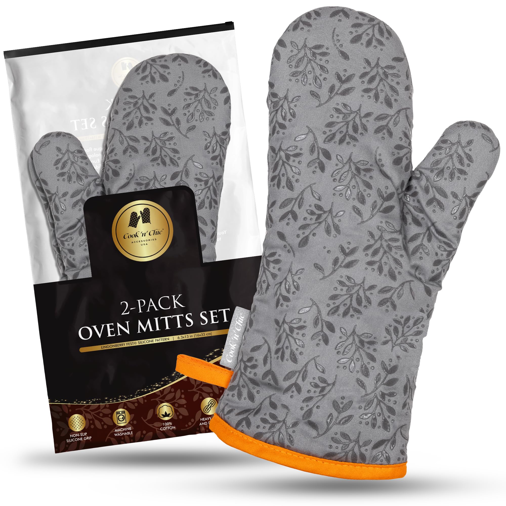 COOK 'N' CHIC premium oven mitts with gray silicone grip for safe heat handling.