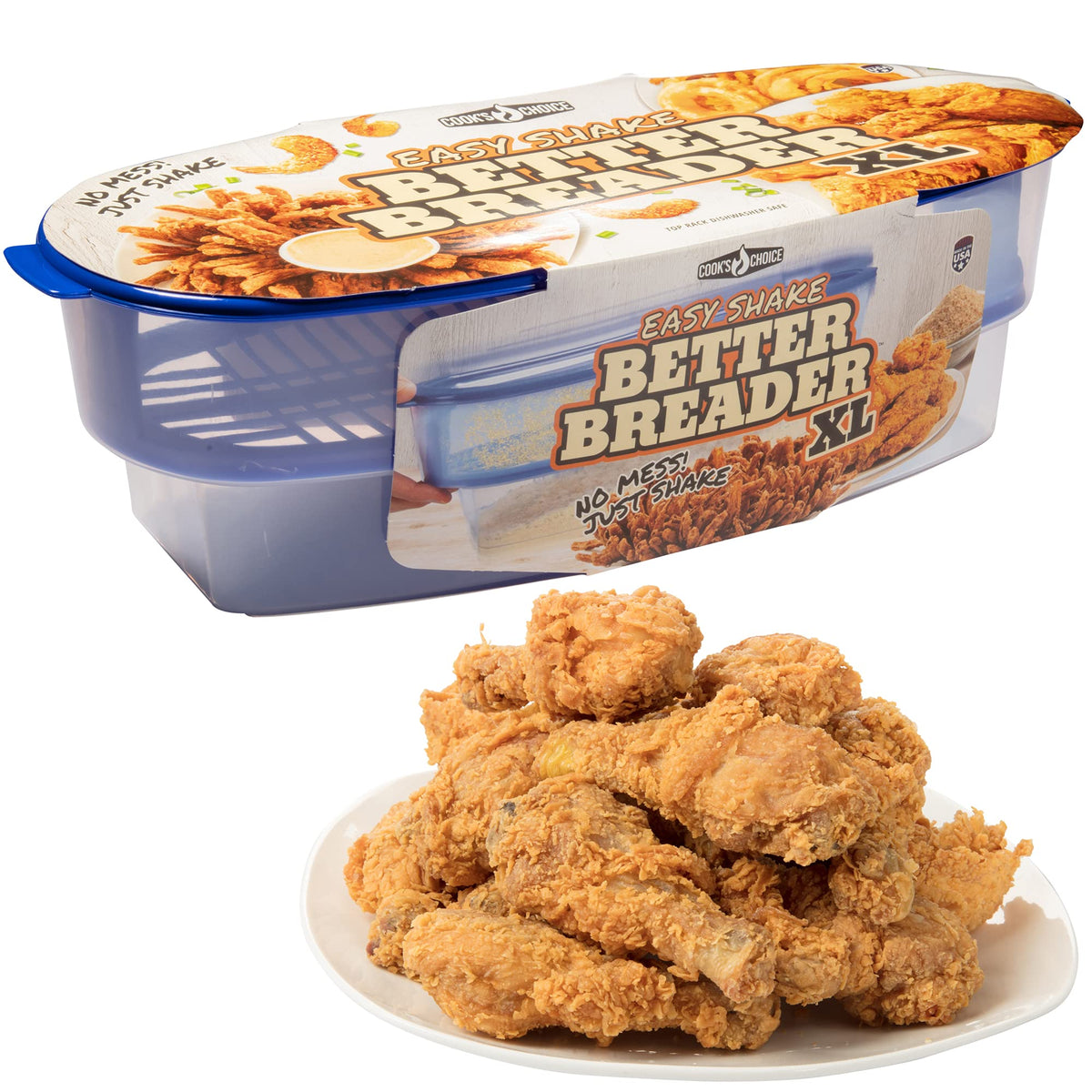 COOK'S CHOICE Better Breader Bowl showing the three-part setup for easy breading