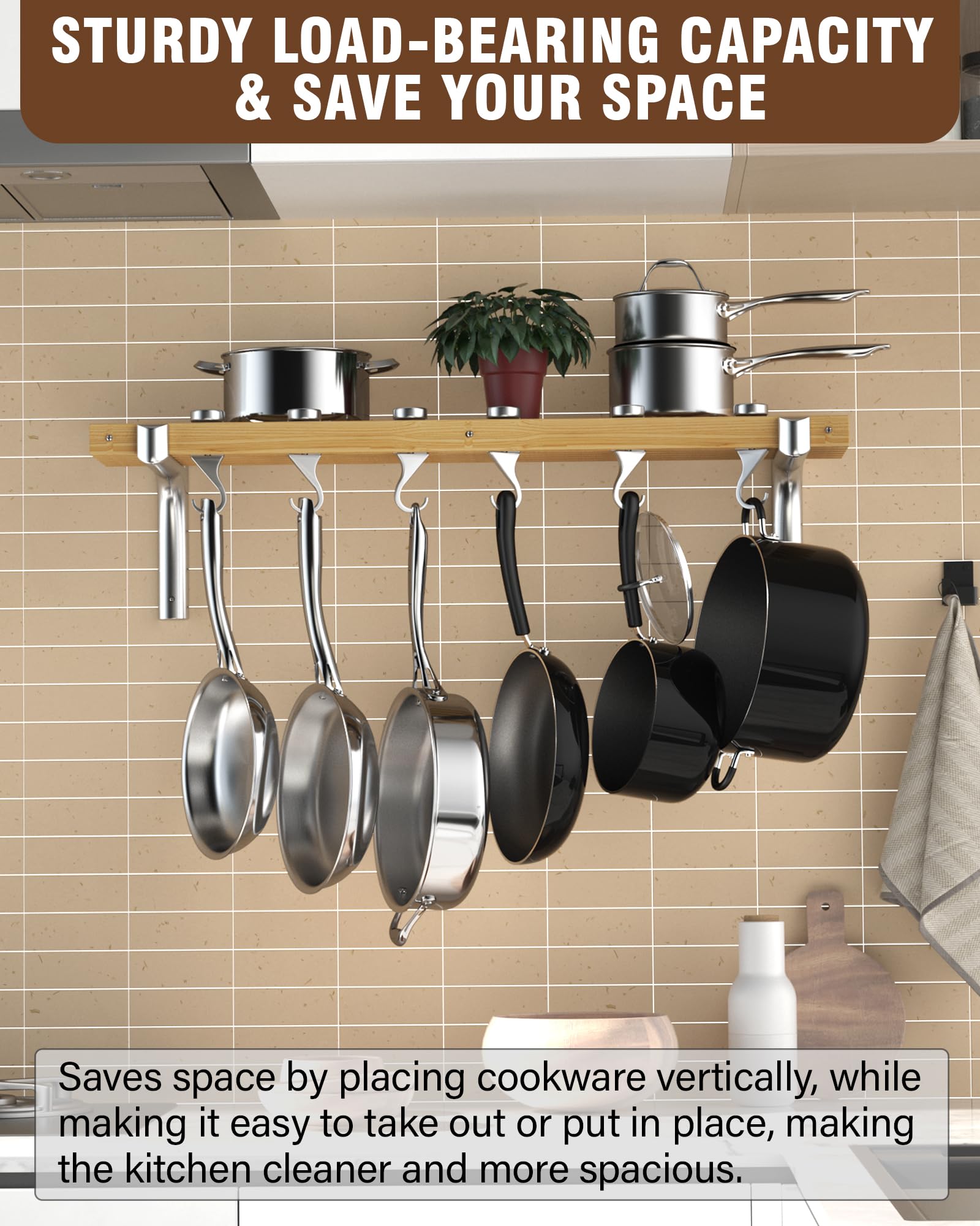 Six 360-degree swivel hooks for flexible pot placement