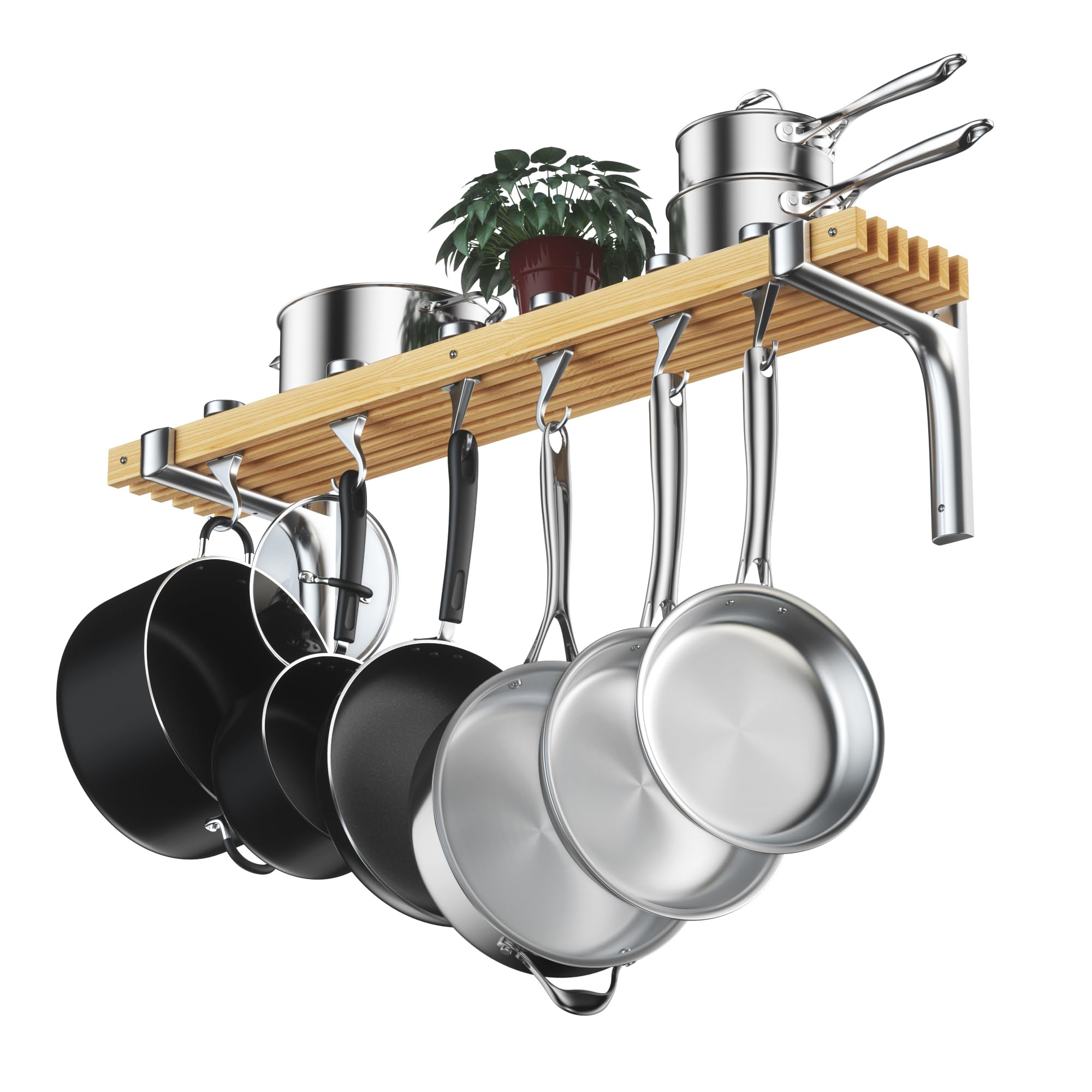 Cooks Standard wall-mounted pot rack with pine tracks keeps cookware organized