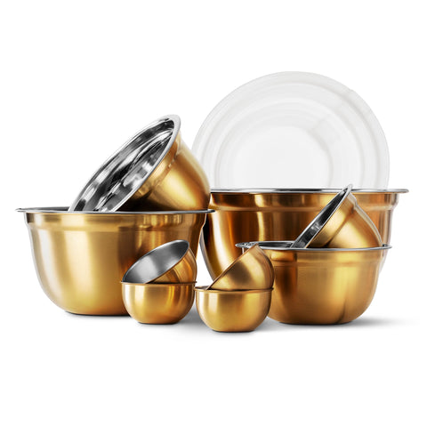 Cook With Color 18-piece mixing bowls set in gold for organized meal prep and serving.