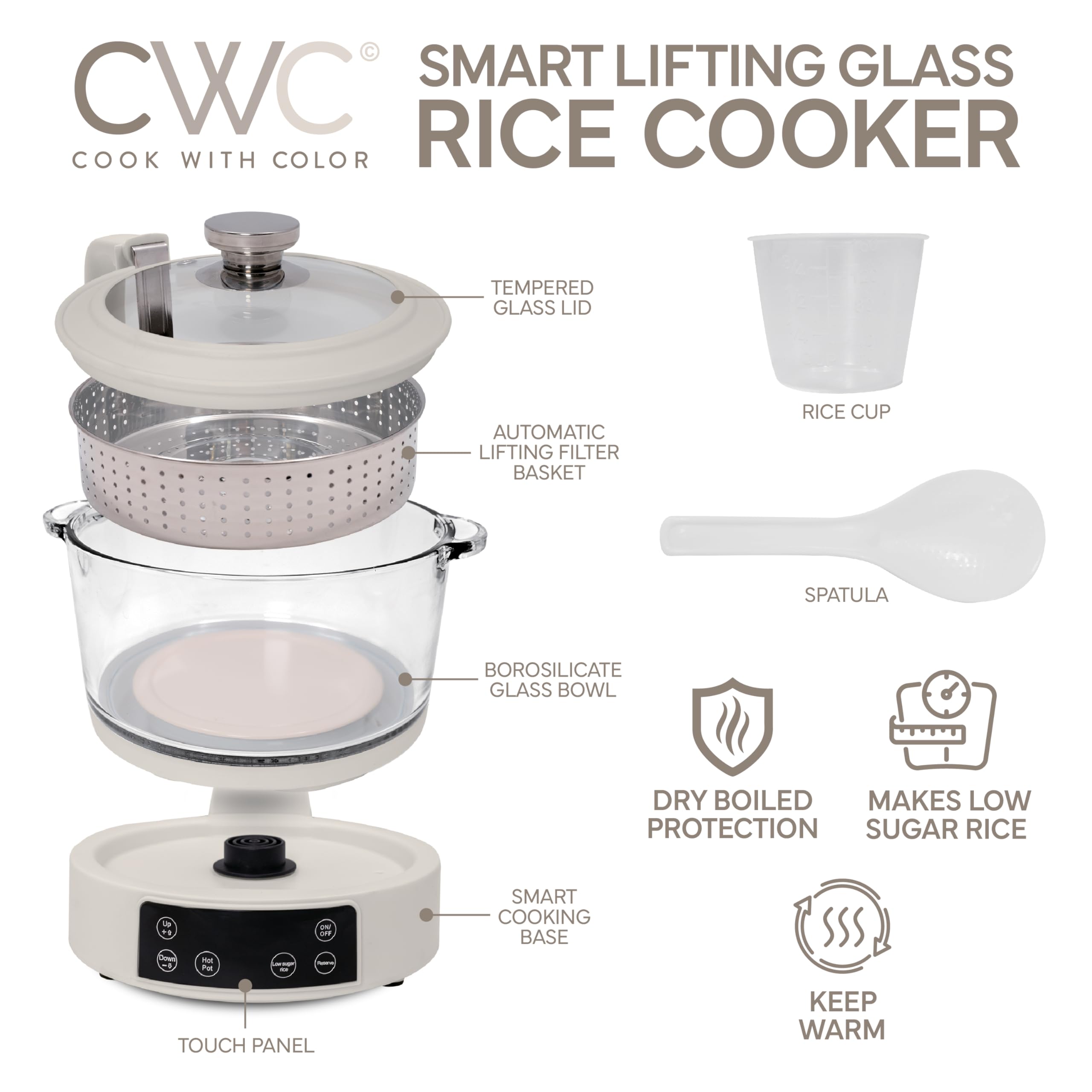 COOK WITH COLOR 3L auto-lift basket highlights easy, clean separation of rice and water
