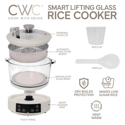 COOK WITH COLOR 3L auto-lift basket highlights easy, clean separation of rice and water