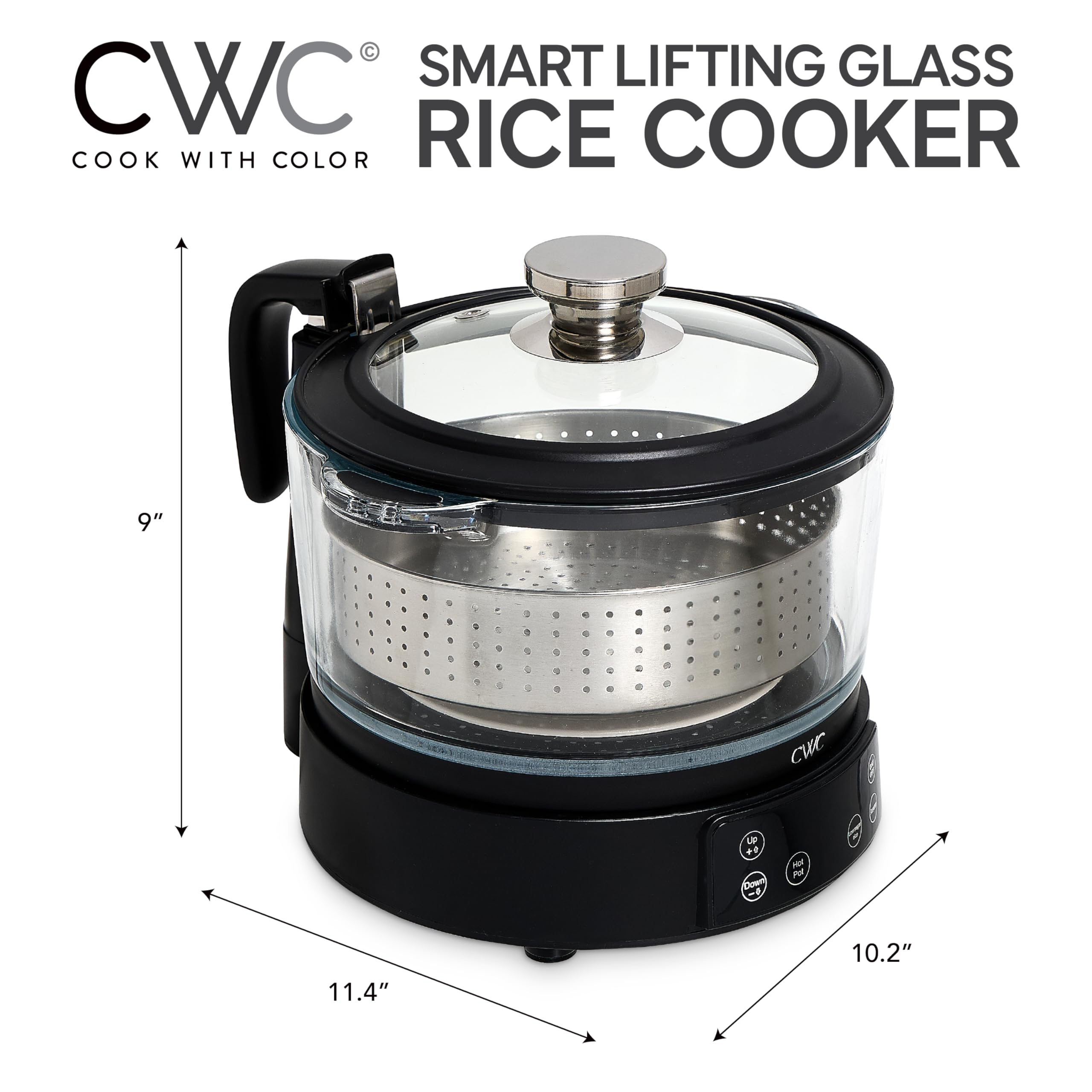 COOK WITH COLOR 3L glass mini rice cooker auto lift basket in action enables cleaner draining