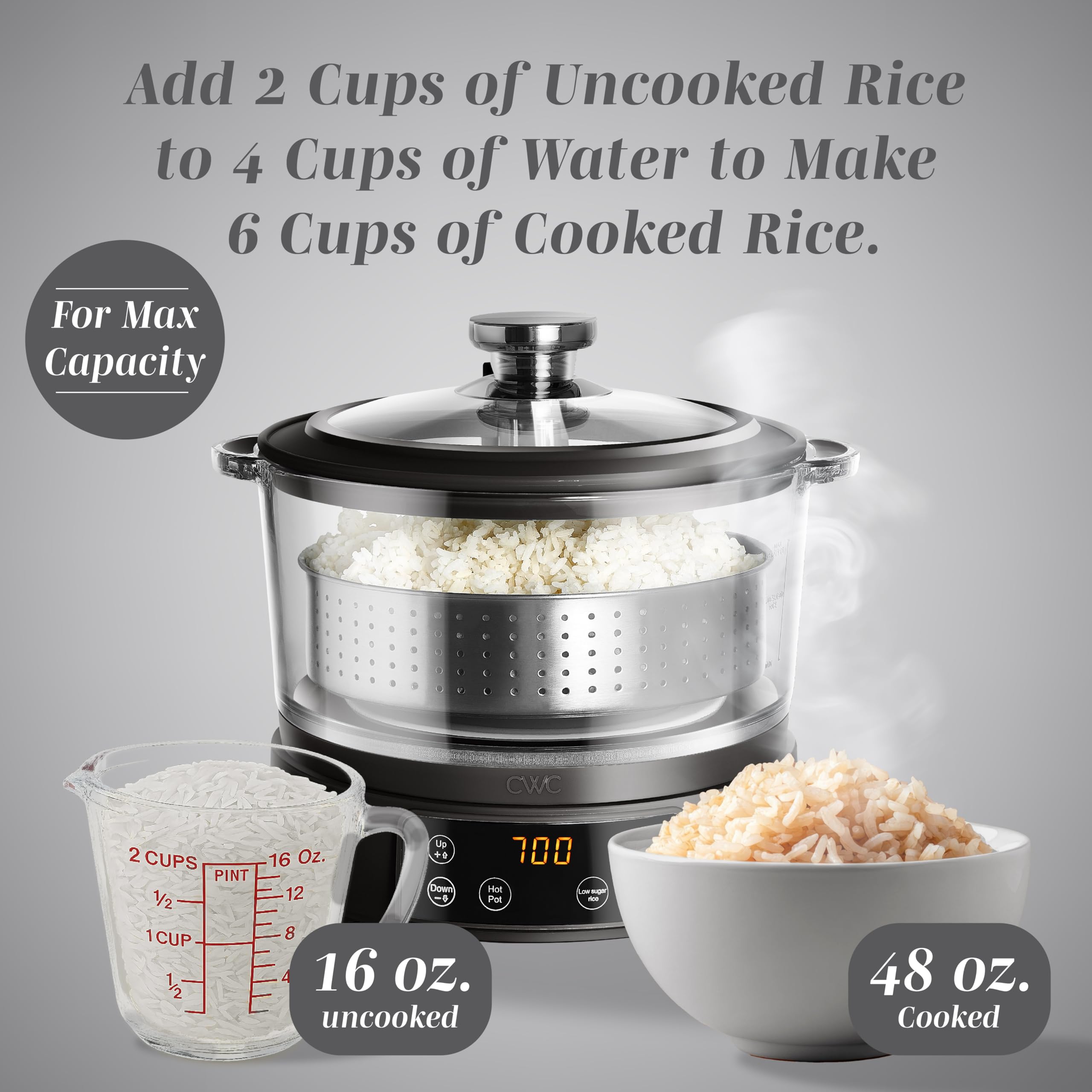 COOK WITH COLOR 3L glass mini rice cooker digital panel enables precise keep-warm control