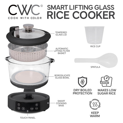 COOK WITH COLOR 3L glass mini rice cooker lid close-up for visibility during cooking