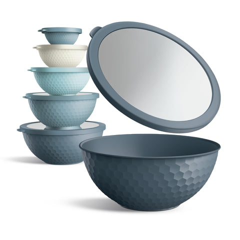 Six blue prep bowls with lids for meal prep and on the go storage