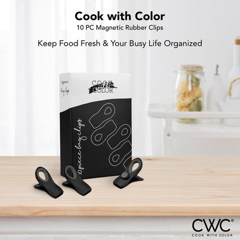 Magnetic back keeps COOK WITH COLOR clips on fridge for easy access.