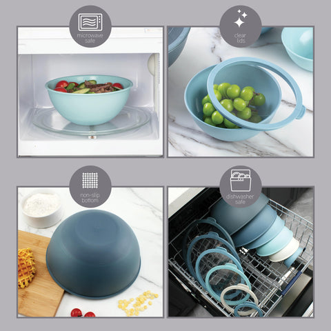 COOK WITH COLOR bowls on a rack show top rack dishwasher safe for easy cleanup.