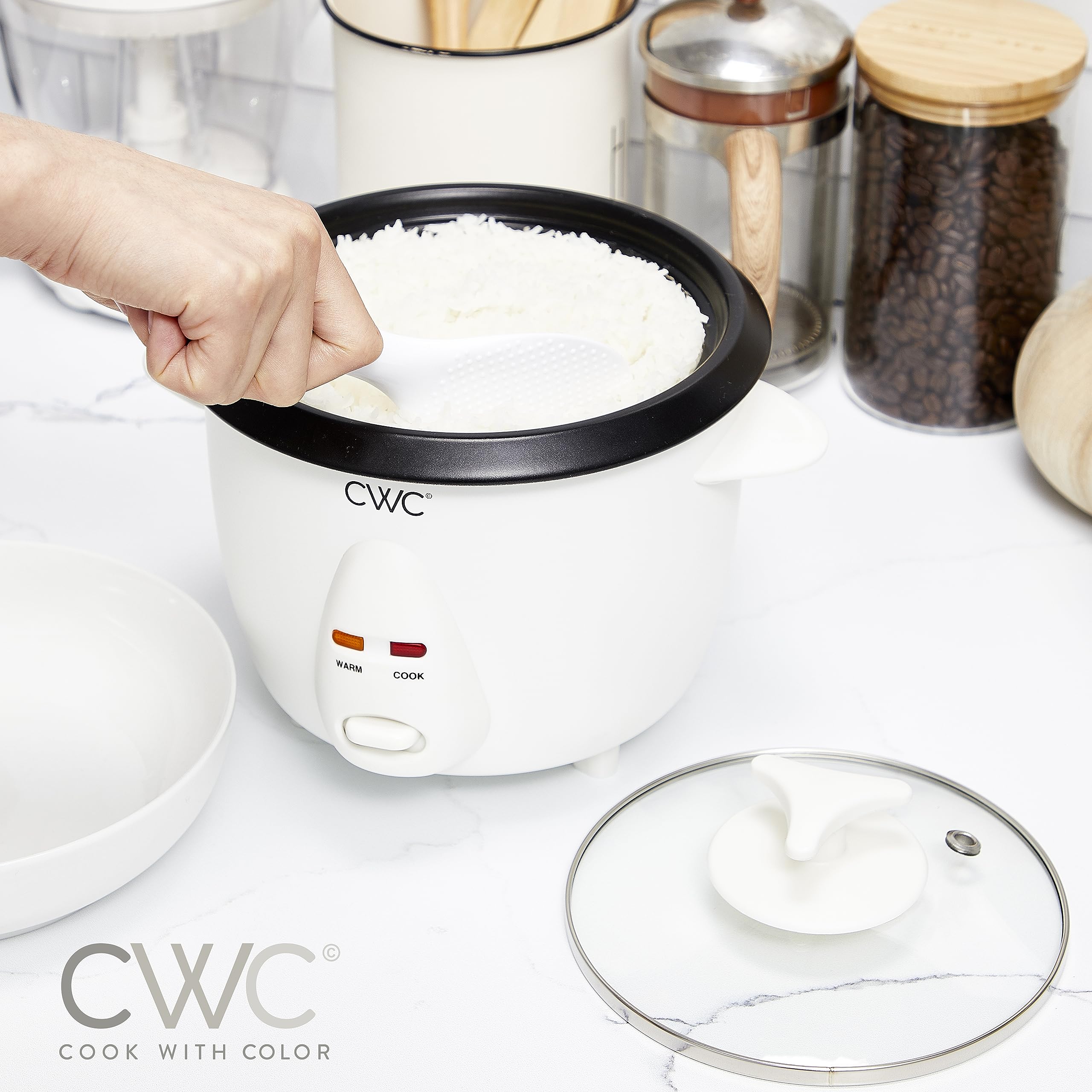 Cook With Color 6 Cup Rice Cooker cooked rice ready to serve from pot.