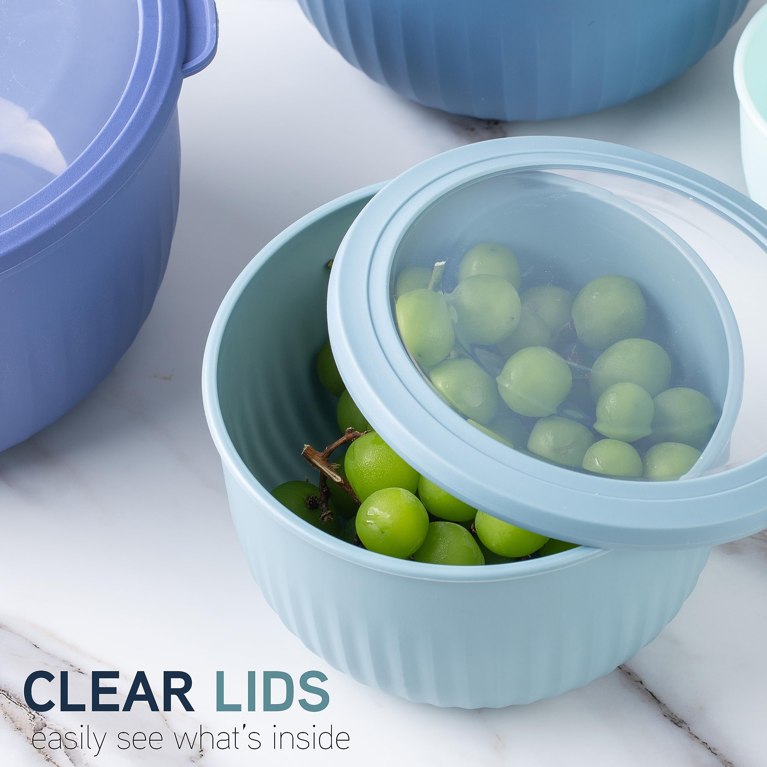 Cook With Color deep blue bowls ideal for mixing and prep.