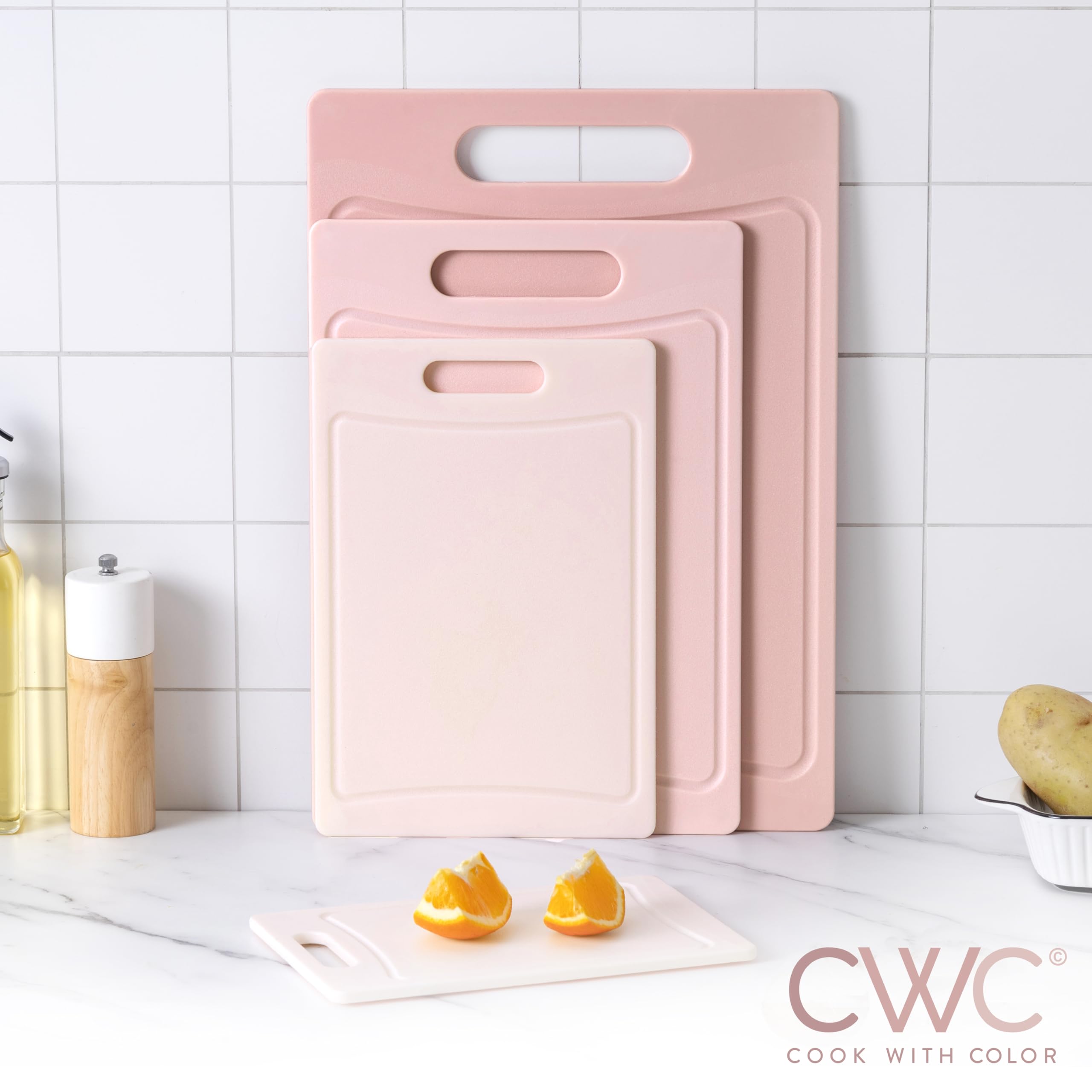 COOK WITH COLOR large pink cutting board with non-slip feet for stable prepping