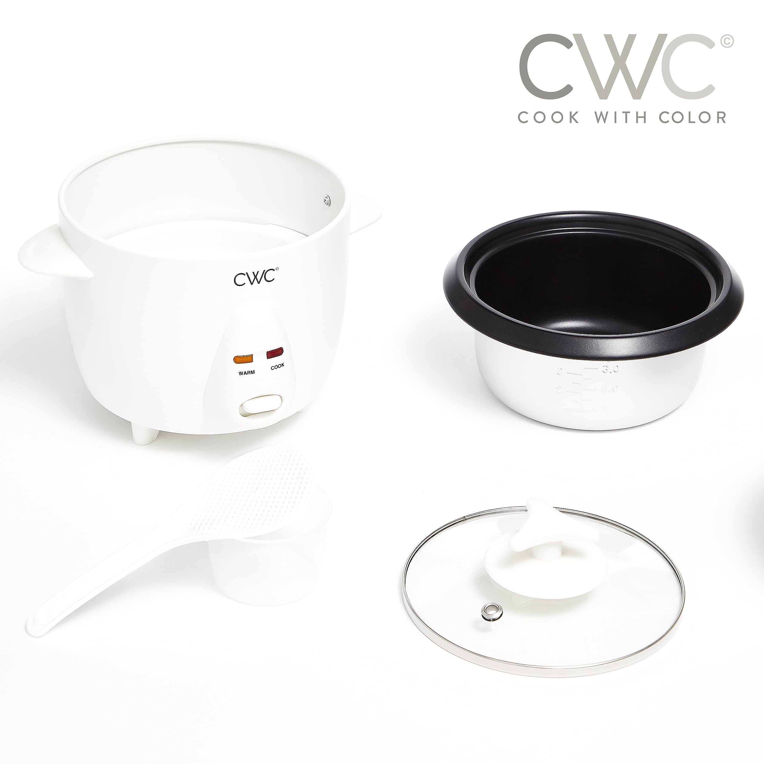 Cook With Color 6 Cup Rice Cooker lid open to reveal generous capacity.