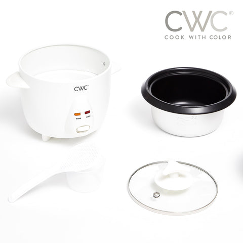 Cook With Color 6 Cup Rice Cooker lid open to reveal generous capacity.