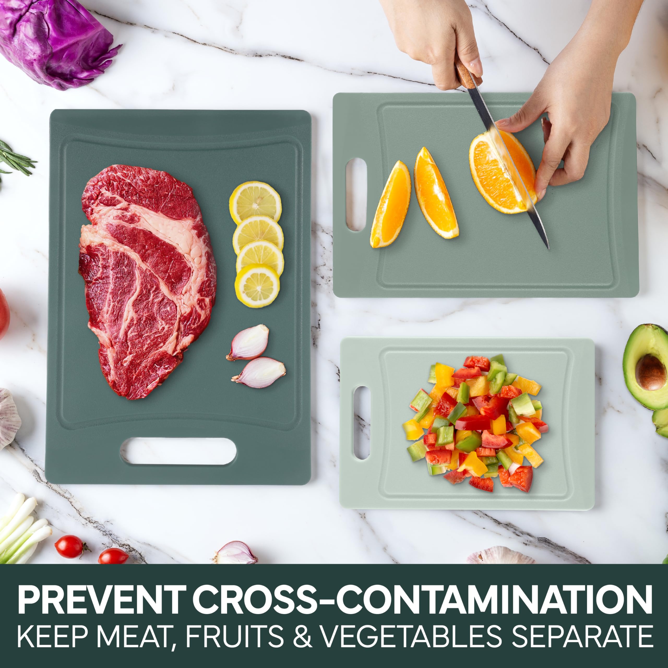 COOK WITH COLOR mint board features non-slip feet for stable chopping.