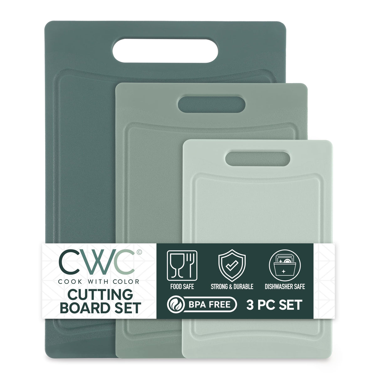 COOK WITH COLOR mint cutting board set shown together for versatile kitchen prep.