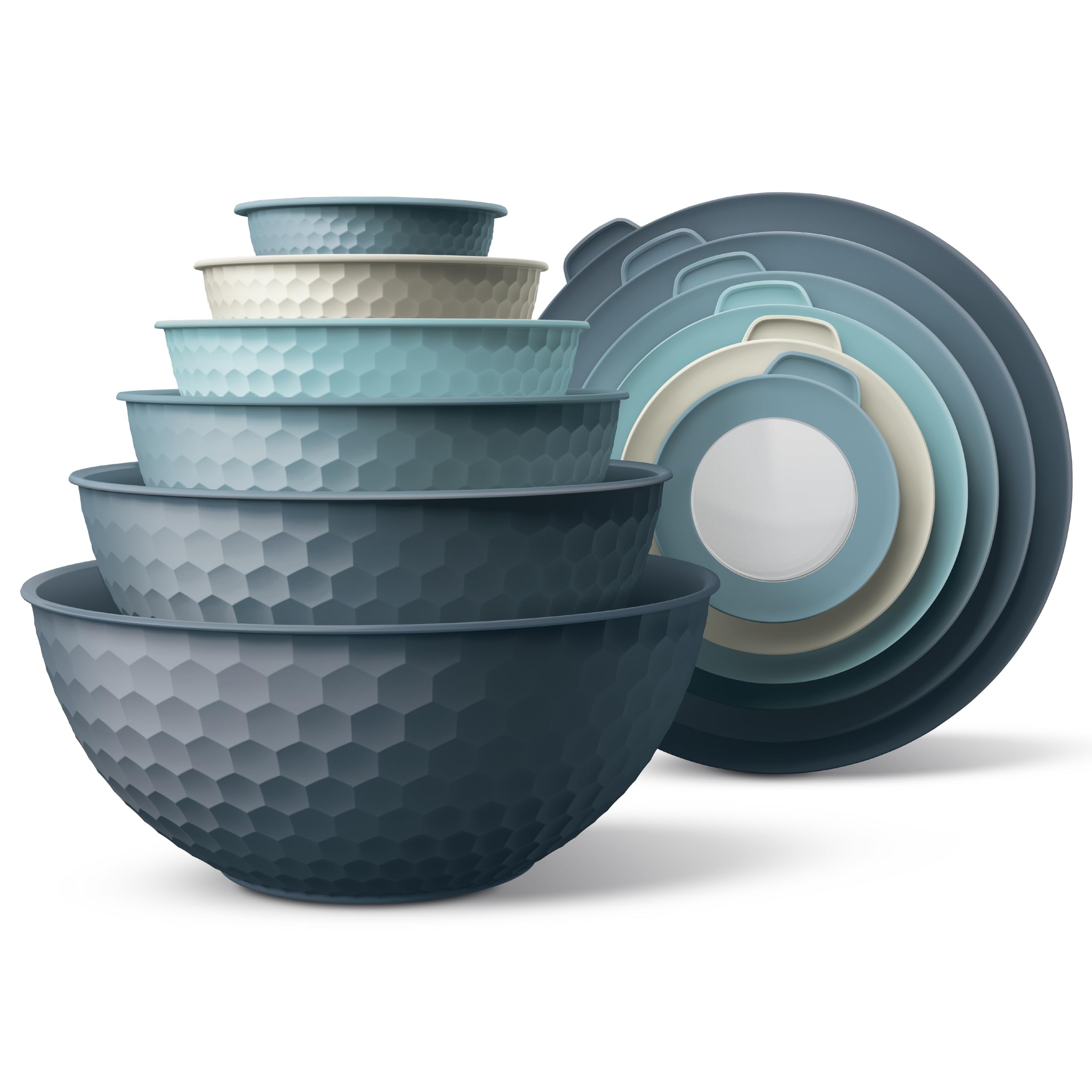 COOK WITH COLOR mixing bowls with lids in blue showing nesting and space saving